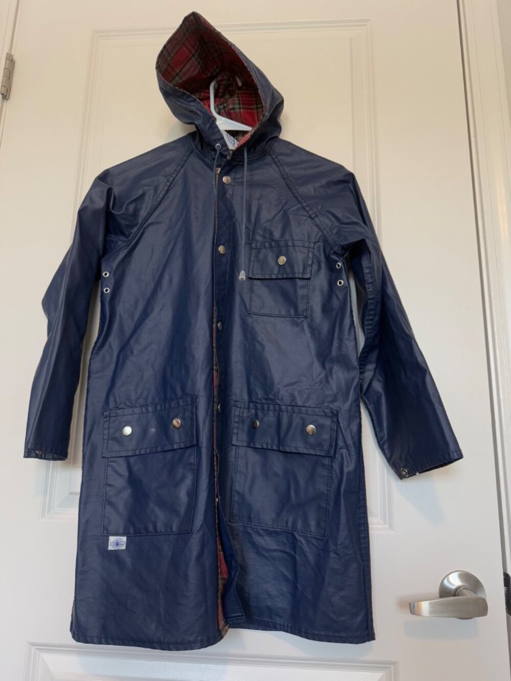 Vintage Charles River Apparel Navy Rain Jacket With Hood & Plaid Lining Size 12
